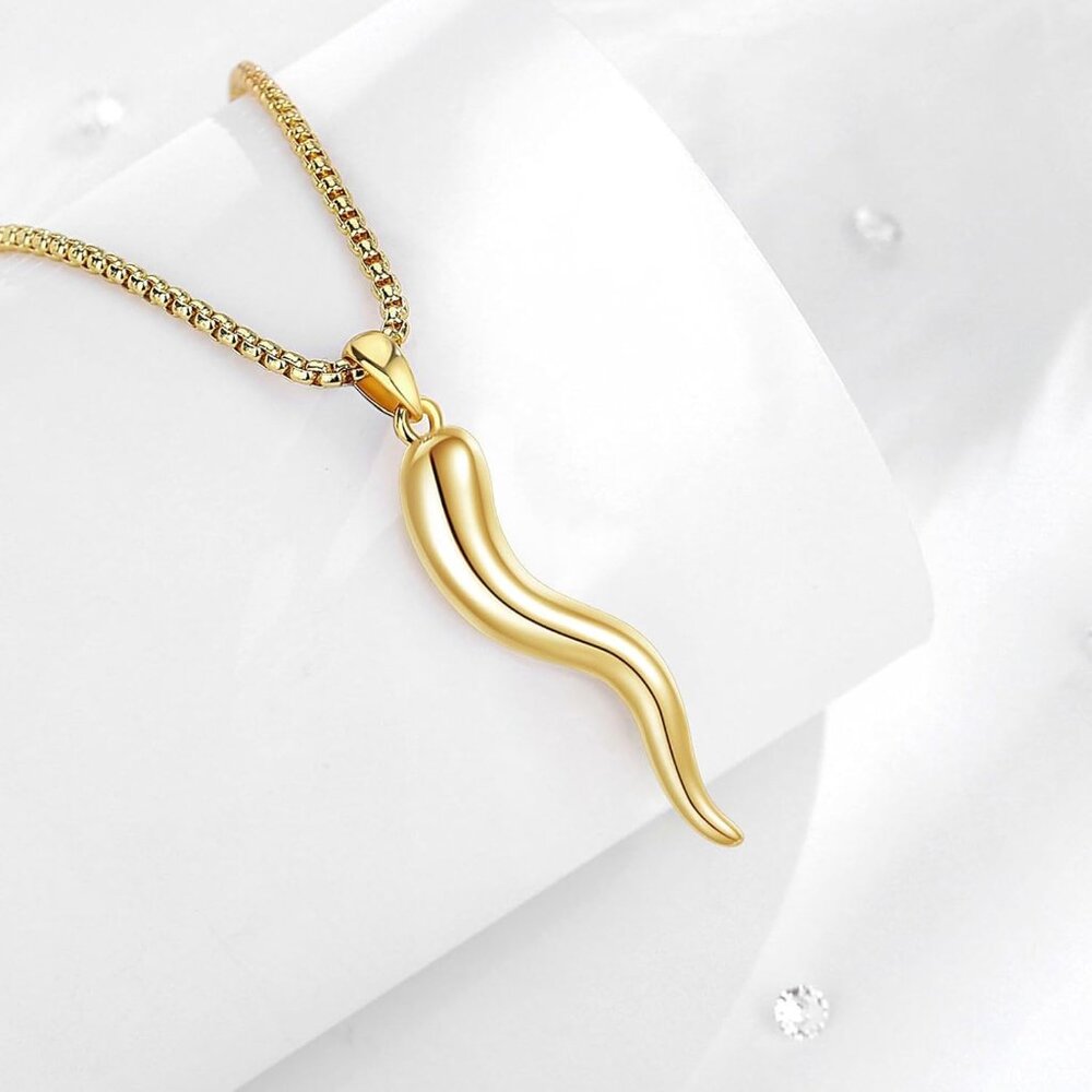 S925 Sterling Silver Italian Horn Necklace For Women Men, Gold Cornicello Neckla View 2